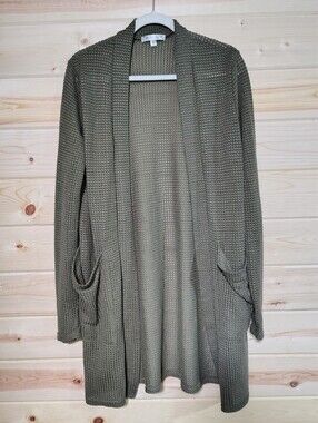 Blakeley Waffle Knit Long Line Cardigan Open Front Olive Green Size 0S Pockets